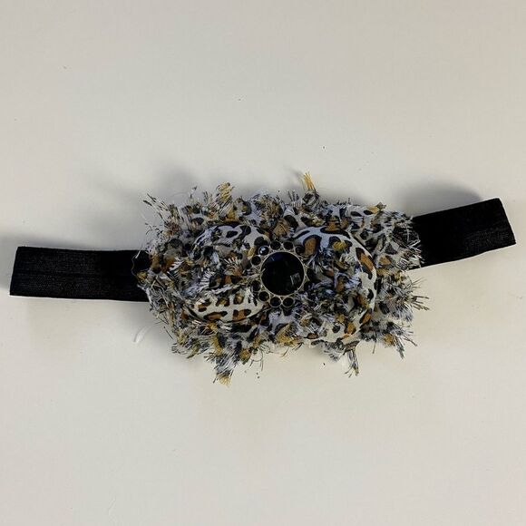 Cheetah Print Frayed Rosettes on Soft Elastic Headband and Rhinestone Center - Picture 3 of 6
